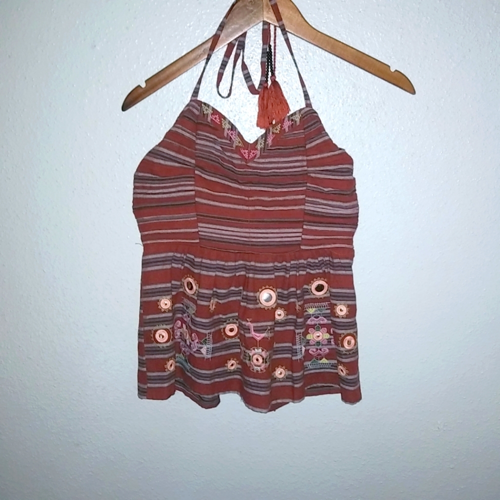 Altar'd State S Baja Cotton Embroidered Desert Flower Halter Top
